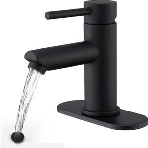 KPW Bathroom Sink Faucet Matte Black, Single Handle Stainless Steel Deck Mount, 1 or 3 Hole, with Pop-Up Drain with Overflow (4 Inch)