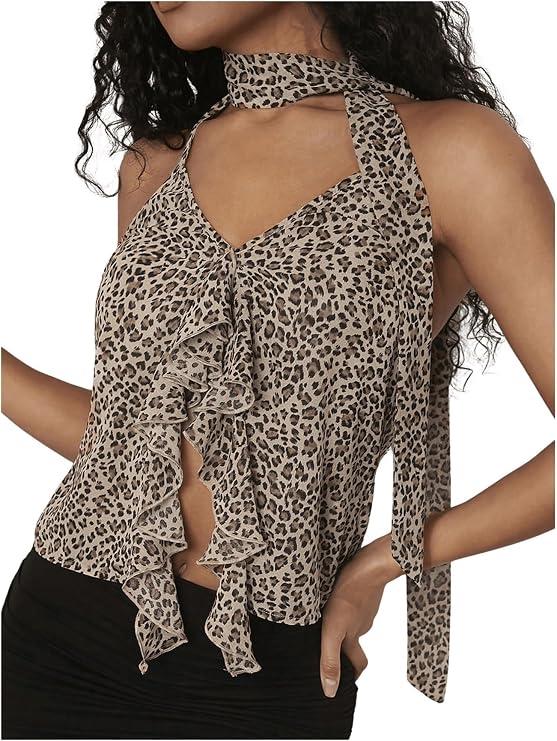 SHENHE Women's Leopard Print Halter Crop Top Y2K Print Ruffle Slim Fitted Asymmetrical T Shirts, XS