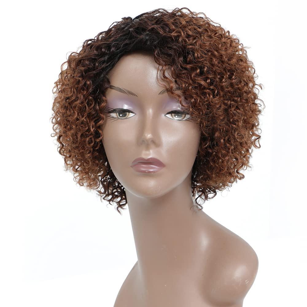 HUA Short Wigs for Black Women Human Hair Ombre Color Kinky Curly Short Brown Wig with bangs Brazilian Colored Curly Human Hair Wig None Lace Front Wigs Glueless (8 Inch)
