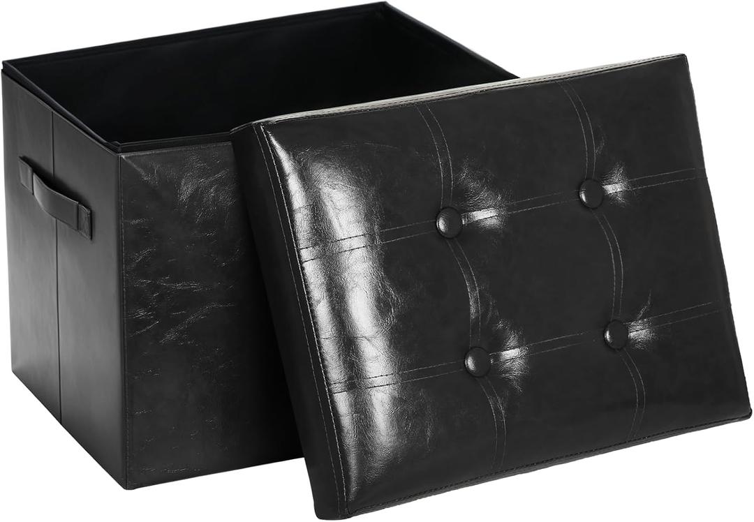 Storage Ottoman Footrest Stool, Foldable Oil Waxed Leather Footstool with Thicker Foam Padded Seat, Small Ottoman with Storage Bench for Living Room Bedroom 350 lbs, 17x13x13in, Black