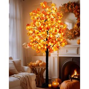 Agusbagli 7FT 128LED Lighted Maple Tree Thanksgiving Decorations with Timer 8 Modes Dimmable Artificial Fall Light Up Tree with 256 Leaves 32 Acorns for Harvest Indoor Outdoor Decor