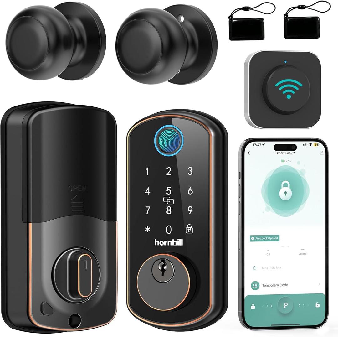 Smart WiFi Door Lock Set: Hornbill Keyless Entry Door Deadbolt with Handle Set Fingerprint Door Lock with 2 Knobs Alexa Bluetooth Remote Code Auto Lock for Home Security Oil Rubbed Bronze