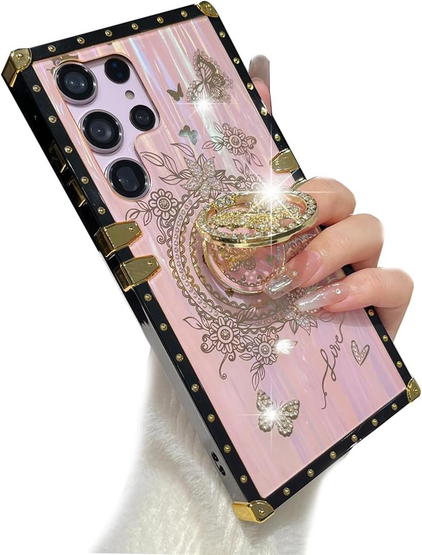for Samsung Galaxy S24 Ultra Bling Case, Cute Sparkly Rhinestone Butterfly Foldable Kickstand Marble Shell Pattern Soft Bumper Women Girly Shockproof Protective Cover for S24 Ultra (Pink)