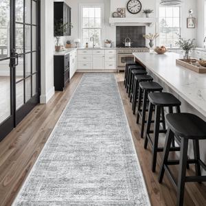 Soalmost Runner Rug 2'6" x 14' Washable Non-Slip Runner Rugs for Kitchen Bathroom Laundry Room Vintage Ultra Thin Runners for Hallway Entryway Grey