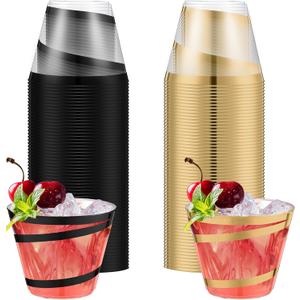 Gejoy 9 oz Rimmed Swirl Plastic Cups Disposable Wine Drinking Cups Clear Elegant Graduation Tumblers for Wedding Party Supplies(100 Pcs,Black, Gold)