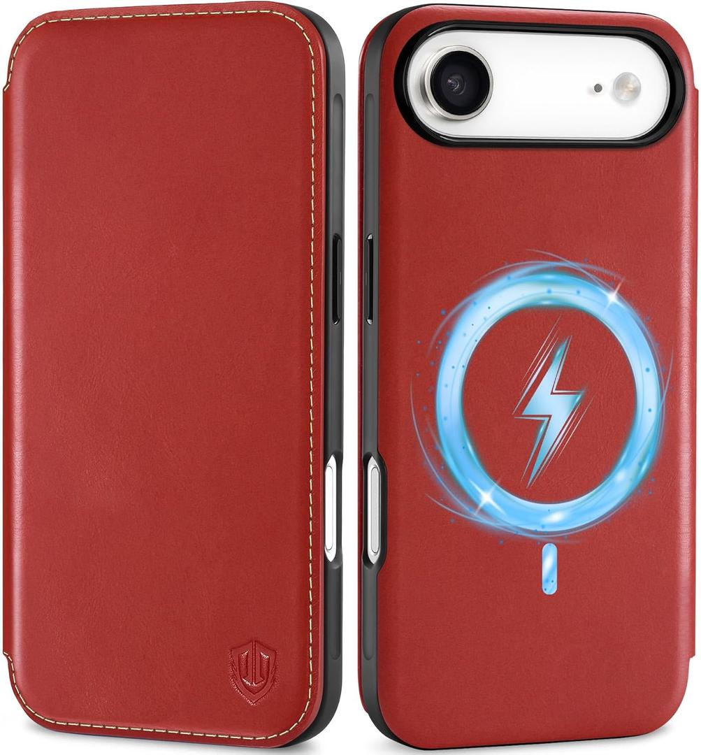SHIELDON Genuine Leather Slim Case Wallet for iPhone Air 6.5-inch 2025 | Wireless Charging | Folio Magnetic Closure | RFID Blocking Credit Card Slot | Shock-Absorbent Cover | Retro Red