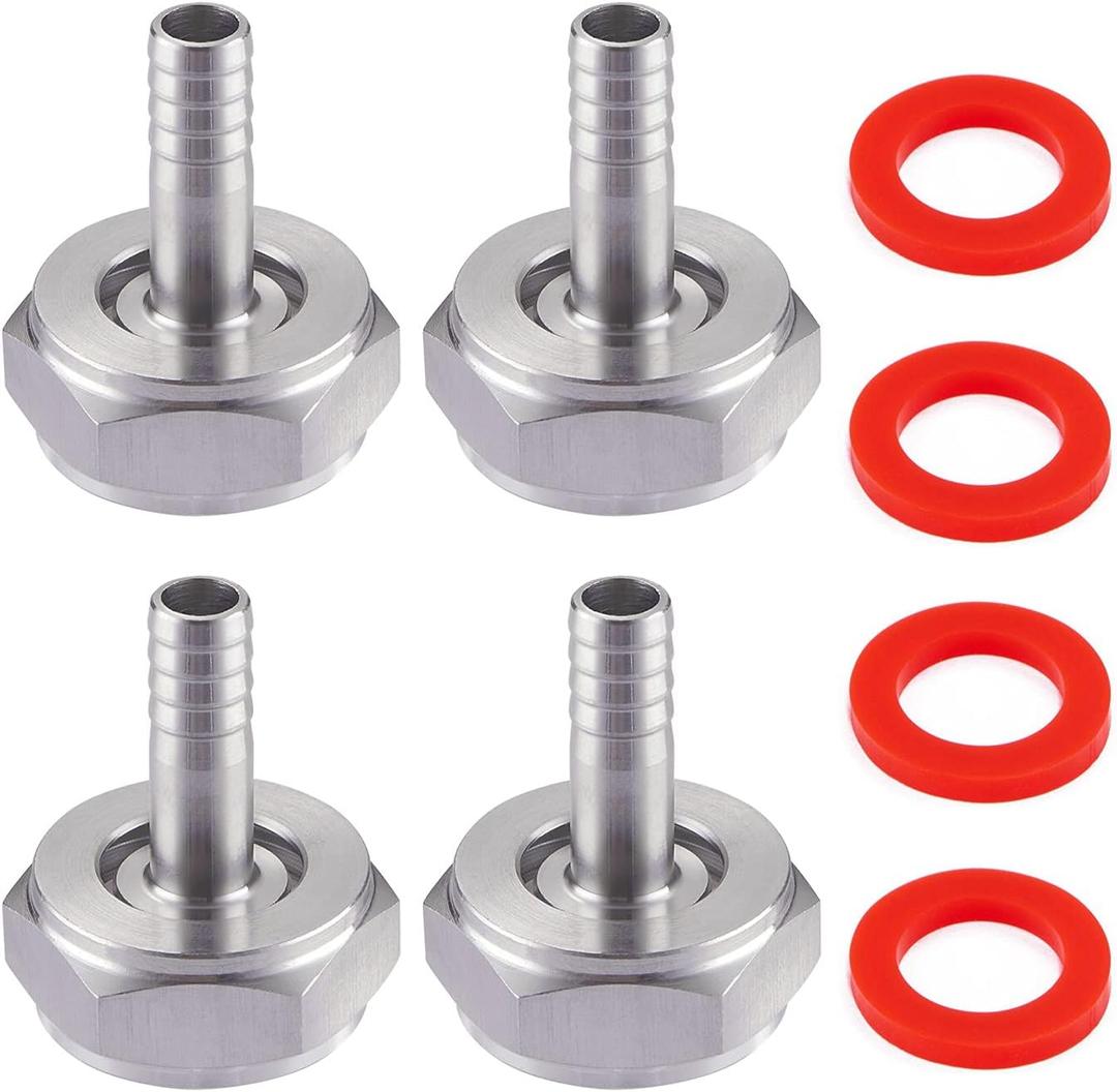4PCS Keg Coupler Barb Connector,Stainless Steel 304 Beer Kegerator Sankey Couplers,Hex Nut 5/8"G Thread x 1/4" Barb Beer Line Tailpiece Nipple Fitting with Sealing Gasket Washer