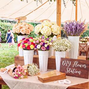 LemonRoad 56 Pcs Flower Bar Buckets Set Kit 6 Pcs Galvanized Bucket Bar 50 Packs Paper Gift Bags for Wedding, Bridal Shower, Graduation Birthday Table Centerpiece(Transparent,Galvanized Iron,11.8inch)