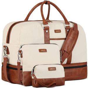 Weekender Bag for Women, Large Overnight Bag Canvas Travel Duffel Bag Carry On Tote with Shoe Compartment 21" 3Pcs Set (A01-brown+beige)