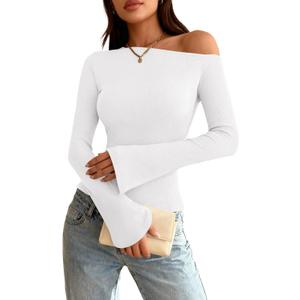 Zenlonr Long Sleeve Shirts for Women 2025 Fall Off The Shoulder Tops Casual Slim Fitted Knit T-Shirt Y2K Clothes