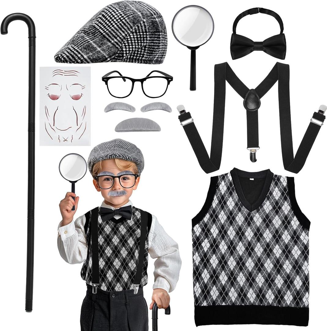 Skirfy Old Man Costume for Kids,100 Days of School Costume for Kids,Old Person Outfit for Boys,Grandpa Costume (135(3.9-4.1ft,Age 6Y-7Y))