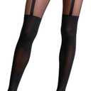 Mila Marutti Mock Suspender Pantyhose for Women | Black Faux Thigh High Garter Stockings | Patterned Fashion Tights (Black, L)