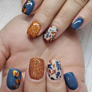 Thanksgiving Press on Nails Square Short Fake Nails Golden Glitter Nails Press ons Glossy Glue on Nails Fall False Nails with Leaves Pumpkin Designs Blue Full Cover Stick on Nails for Woman 24 Pcs