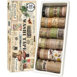 Vintage Washi Tape Set for Scrapbooking & Journaling - 32 Rolls Floral, Cute Decorative Tapes with Assorted Widths, Retro Aesthetic DIY Gift for Bible, Bullet, Junk Journal Supplies (Christmas Tape)