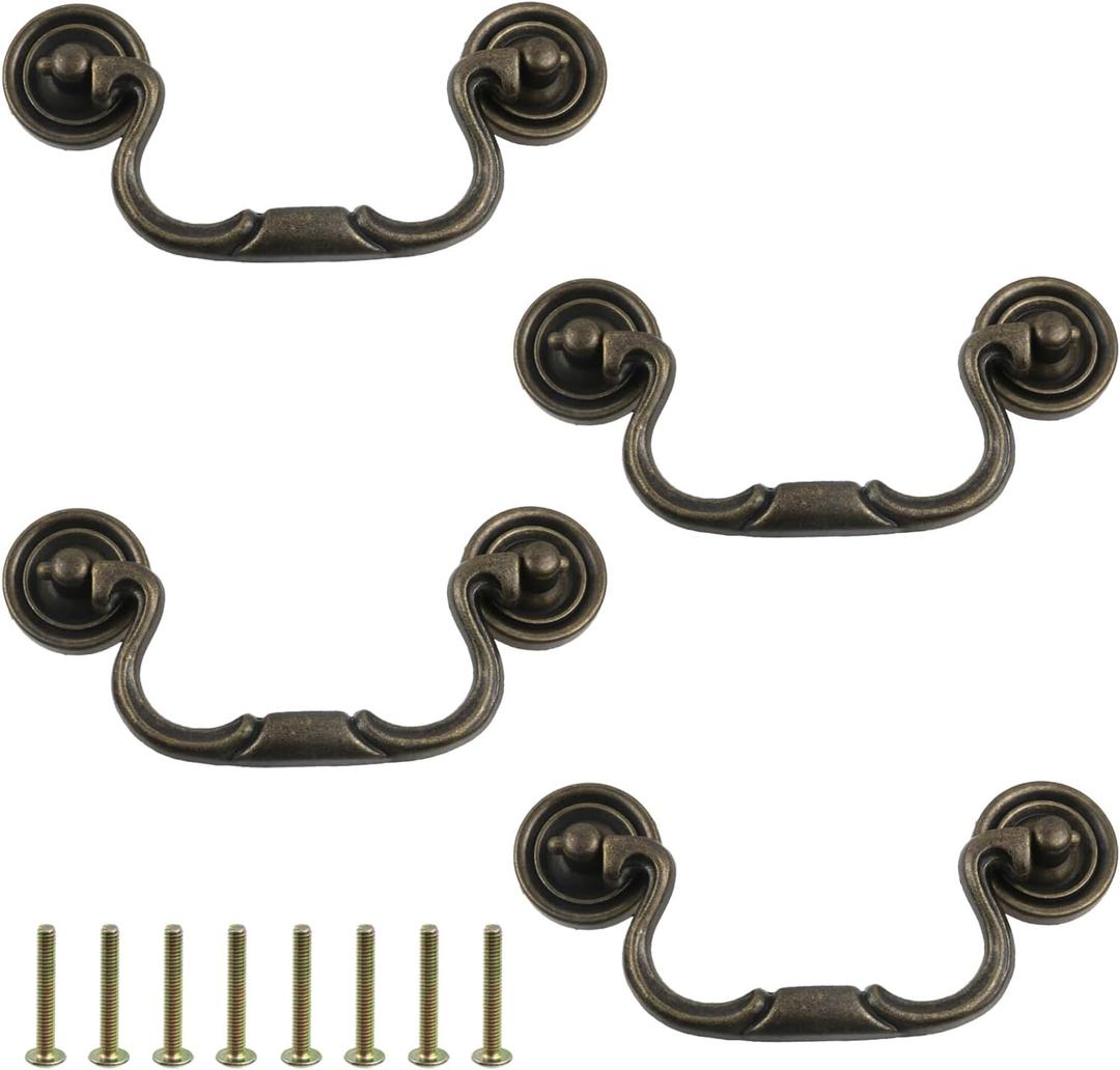 MY MIRONEY 4PCS Bail Drawer Pulls Hardware Zinc Alloy Cabinet Pulls Handles Antique Bronze Drop Swing Handles with Screws, 3.86" Hole Centers, Type 4