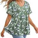 YESNO Women's Summer Tops Casual V Neck Babydoll Blouses Floral Short Sleeve Peplum Shirts M TH2 CR469