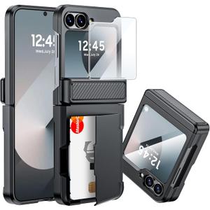 CENMASO for Samsung Galaxy Z Flip 6 Case/Z Flip 7 FE Case with Card Holder [RFID Blocking] & Hinge Protection & Screen Protector, Full-Body Shockproof Phone Case for Z Flip 6/Z Flip 7 FE-Black