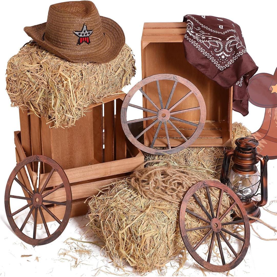 GliCraft 9 Pack 13 x 9 x 6 Inch Straw Hay Bale Stack Decoration Set Rustic Wooden Wagon Wheel Natural Hay Bales Boxes for Western Cowboy Photo Booth Props Birthday Farm Accessories