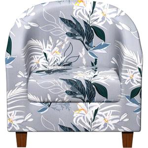 Club Chair Slipcover Printed 2 Piece Round Barrel Chair Cover Tub Armchair Covers with Elastic Bottom Chair Coverings Furniture Protector for Bar Counter (Lily Flower+gray Texture)