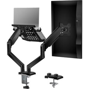 WALI Dual Arm Laptop and Monitor Desk Mount for 17" Notebook and Up to 32" Screen, Gas Spring Dual Monitor Arm with Laptop Tray, Holds up to 19.8 lbs per Arm, VESA 75x75 100x100, Black (GSMP002LP)