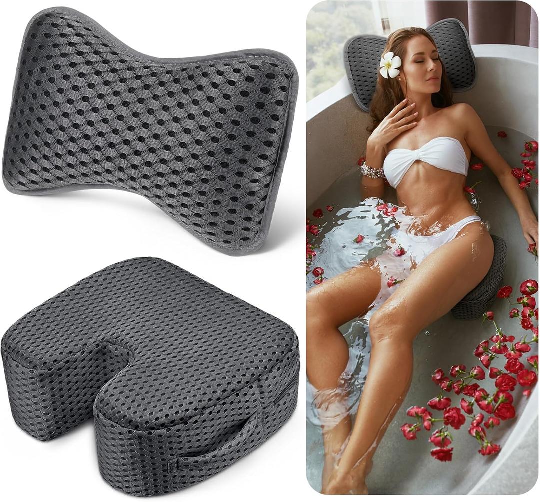 2 Pcs Hot Tub Booster Seat for Adults and Bath Pillow Weighted Spa Booster Seat Cushion Spa Headrest Pillow 4d Air Mesh inflatable Hot Tub Accessories for Indoor or Outdoor Quick Dry (Grey)