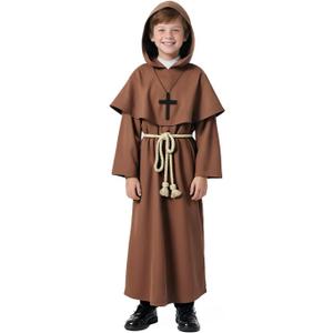 VZQI Medieval Monk Robe for Kids Renaissance Priest for Boy Halloween Cosplay Costume Cloak (Brown, L)