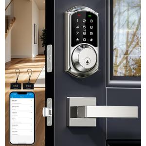Veise VE06-L Smart Locks with 2 Lever Handle Set, App Control, Keyless Entry Deadbolt for Front Door, Electronic Digital Touchscreen Keypad, Auto Lock, Waterproof, Easy Installation, Satin Nickel