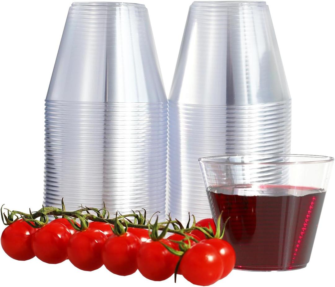 TT 100 Pack 9oz Disposable Plastic Cups - Clear Drinking Glasses, Party Cups for Wedding, Picnic, Travel, Camping & Events