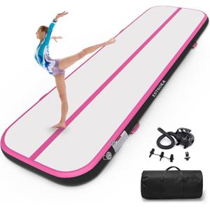 Estgora Gymnastics Mat for Tumbling Tumble Track, Thick Inflatable Gymnastic Training Equipment For kids At Home Gym Cheerleading with Electric Pump (16ft  3.3ft  4inch, Black-Pink)