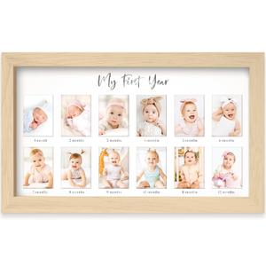 My First Year Photo Frame, 12 Months Baby Picture Frame for Newborn Girl,Boy - Baby Shower Gifts Keepsakes,Monthly Baby's One Year Birthday Milestone,1st Nursery Photo Collage Display Board (Ash Wood)