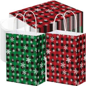Mooliwe 100 Pieces Christmas Gift Bags Bulk with Handle Xmas Holiday Red and Green Plaid Snowflake Paper Treat Candy Goodie Bags for Christmas Party Favor Supplies