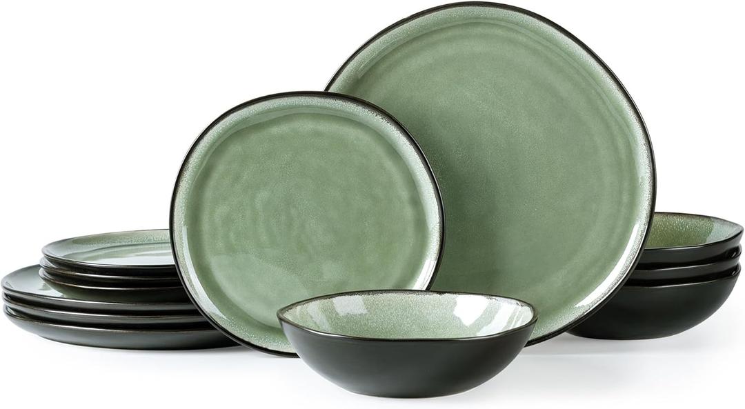 AmorArc Ceramic Dinnerware Sets,Handmade Reactive Glaze Stoneware Plates and Bowls Set,Highly Chip and Crack Resistant | Dishwasher & Microwave Safe Dishes Set,Service for 4 (12pc) (Matte Olive Green)