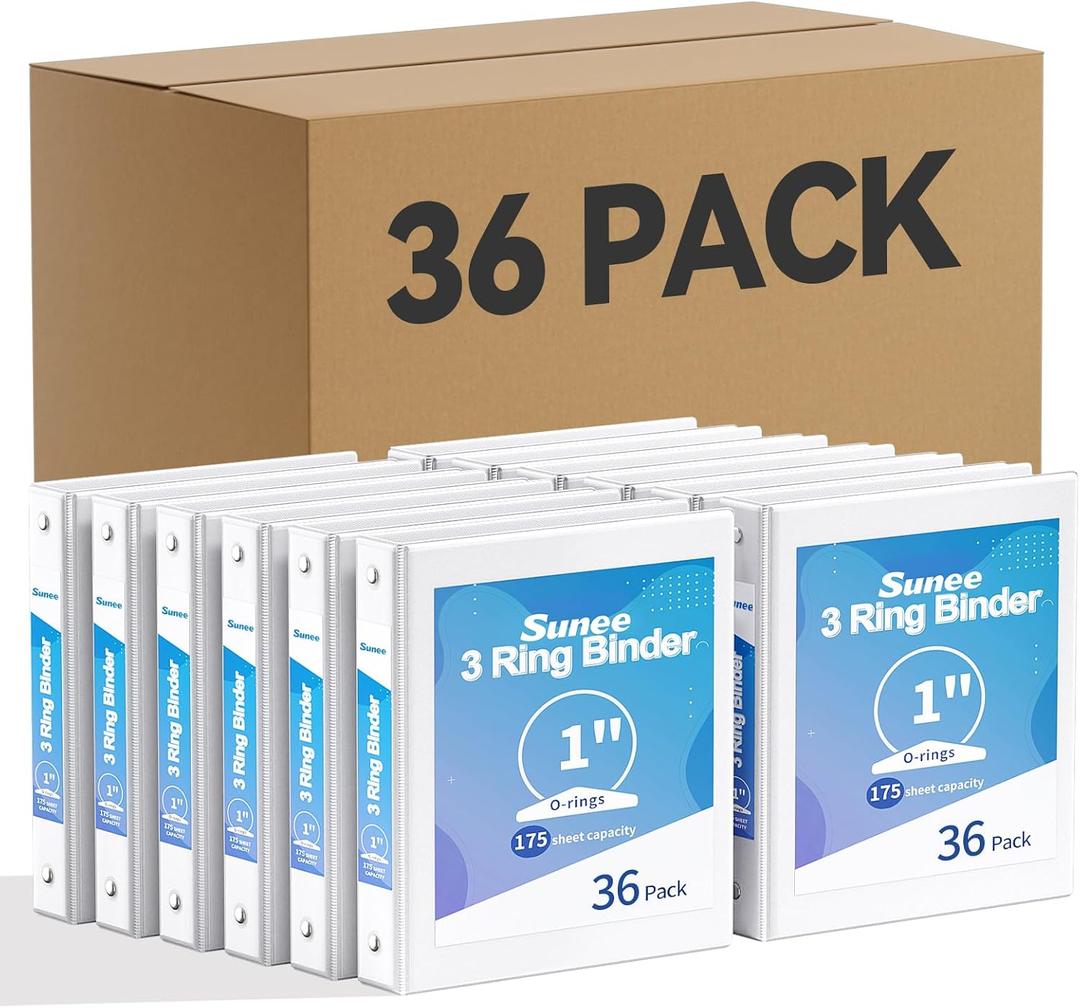 SUNEE White Binders 1 Inch 36 Pack Bulk, Clear View 3 Ring Binders PVC-Free (Fit 8.5x11 Inches) for School or Office Supplies