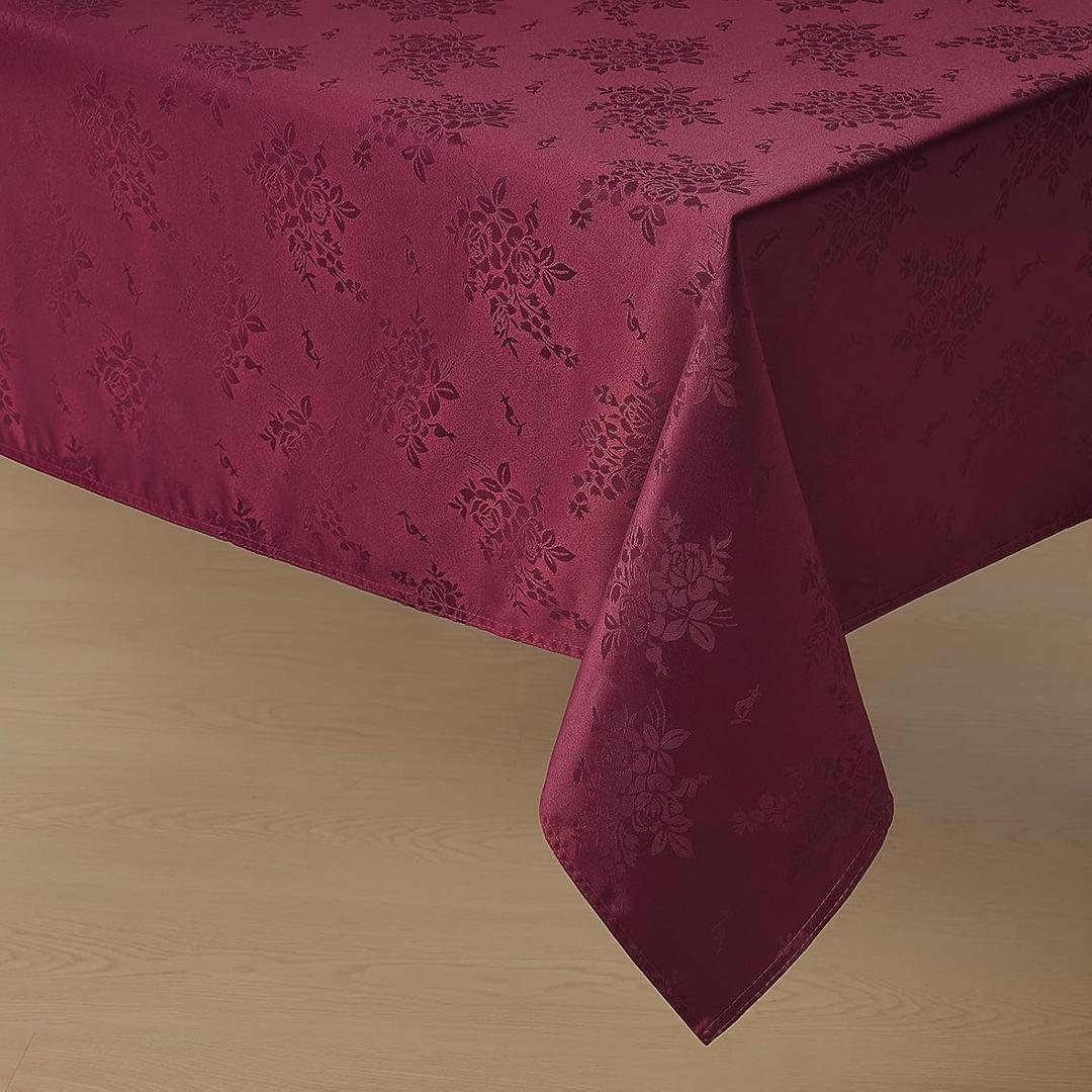 Romanstile Christmas Jacquard Rectangle Tablecloth - Burgundy Waterproof Damask Rose Floral Pattern Decorative Table Cloth, Heavy Weight Fabric Table Cover for Dining/Party/Holiday - 60 x 84 Inch
