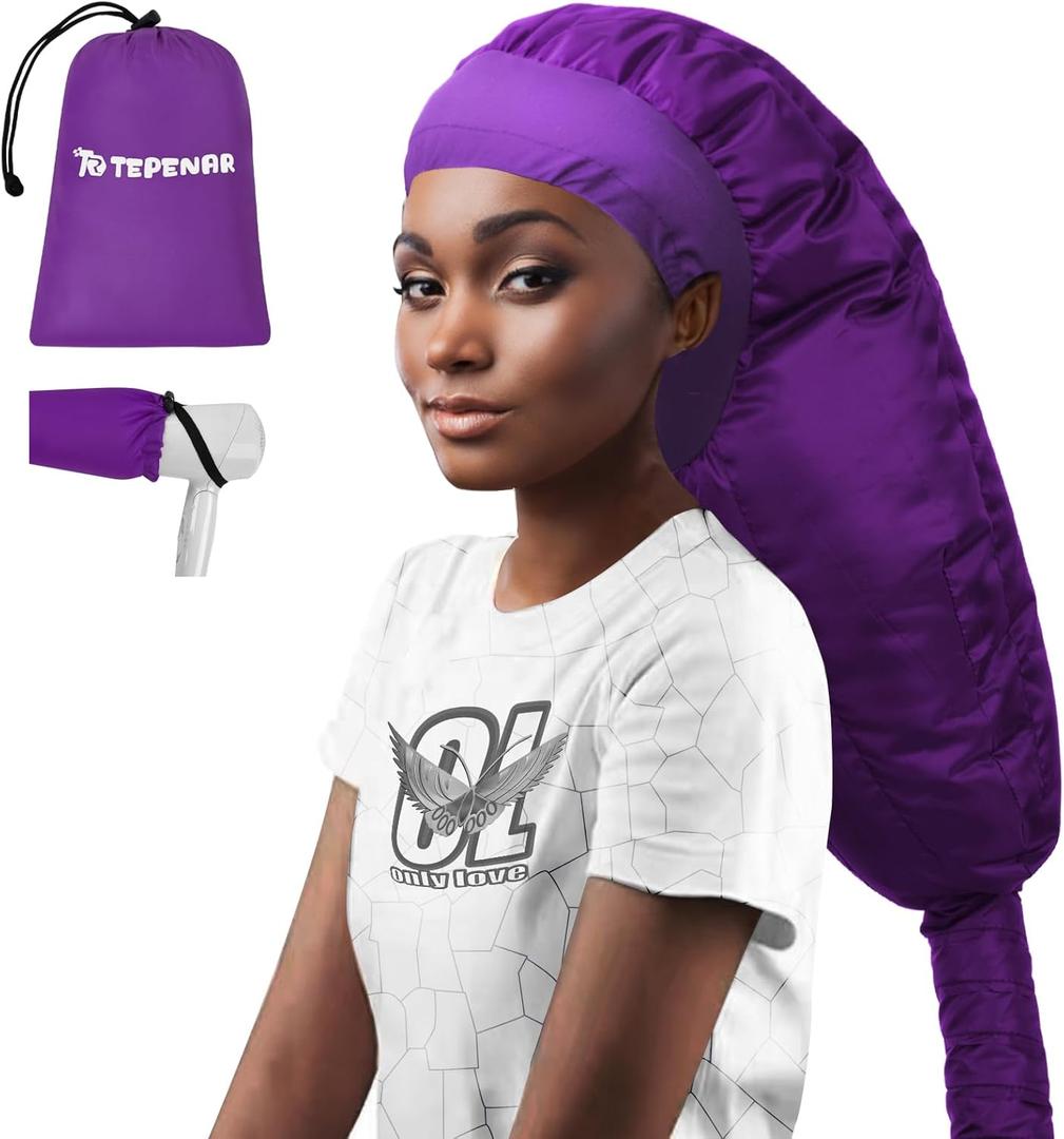 TEPENAR Hair Dryer Bonnet Attachment: Upgraded Extra Large Hooded Dryer Adjustable Hair Dryer Caps - Easy to Use for Natural Curly Textured Hair Care Styling Fast Drying - Purple