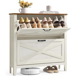 VASAGLE LIRY Collection - Shoe Storage Cabinet Organizer with 2 Flip Drawers, Freestanding Narrow Shoe Rack Cabinet for Entryway, Farmhouse Style, Fits 12 to 16 Pairs, Rustic White UHSC201W01, 9.4"D x 34.3"W x 34.6"H