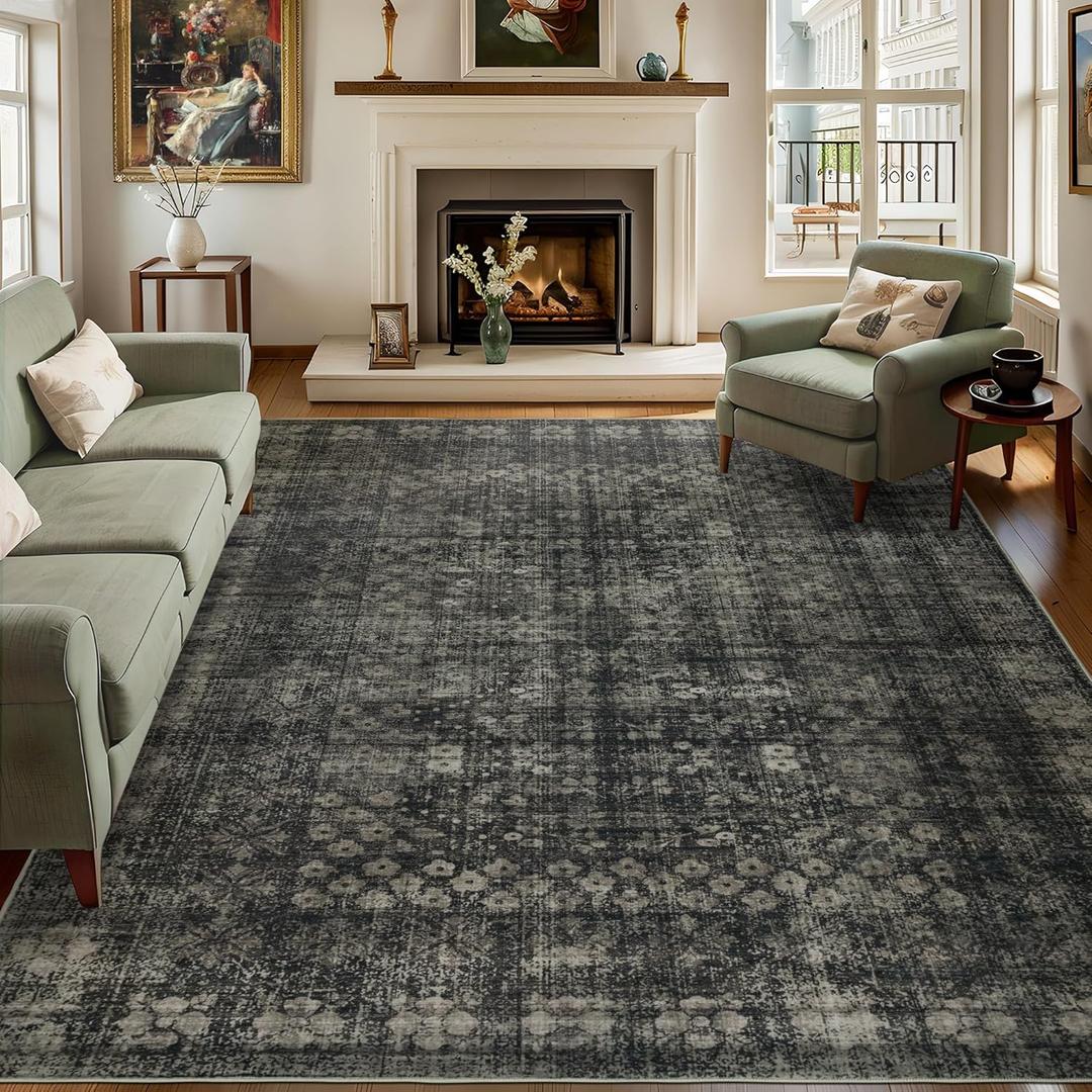 9x12 Vintage Washable Area Rug for Living Room,Low Pile Non Slip Carpet Non-Shedding Large Area Rug Soft Indoor Stain Resistant Rug Floral Print Mat for Bedroom Dining Room Black