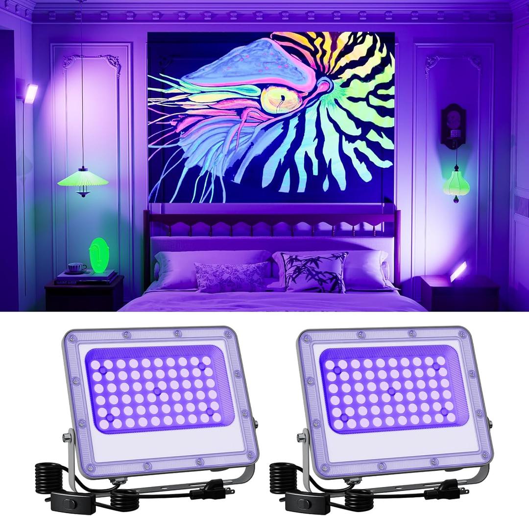 2 Pack 50W Blacklight Flood Lights Wired 120V IP66 Waterproof UV Led Black Light Use to Outdoor or Indoor for Landscape Decor, 3D Resin Prints, Ultraviolet Reactive Poster, Body Paint, Glow Party