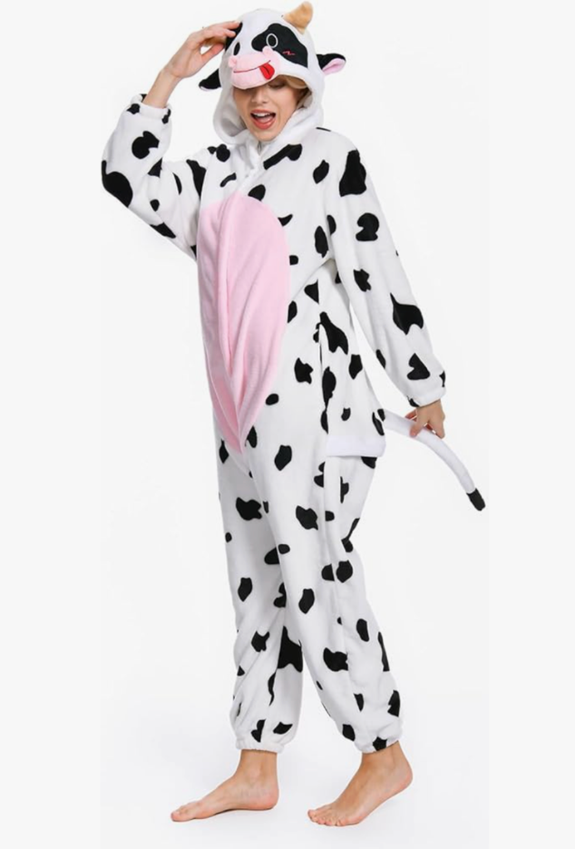 OLAOLA Adult Onesie, Animal Halloween Costume, Unisex Onesies Plush Cosplay Pajamas One-Piece Sleepwear Pink Cow XXL