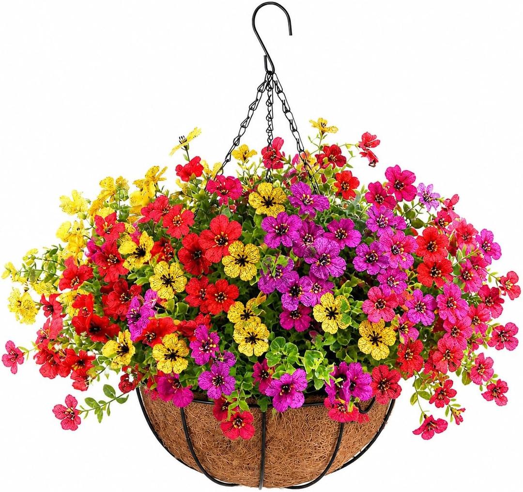Geegoods Artificial Flowers for Outdoors, UV-Resistant Fake Hanging Baskets, Realistic Hanging Planters for Outdoor Plants for Patio Porch Balcony Yard Decor
