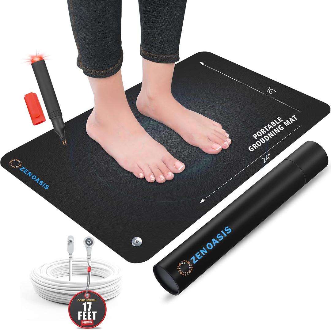 Grounding Mat 24"x16" with Conductivity Tester for Conductive Carbon Used for Pain Relief, Improved Sleep and Wellness with 17-Foot Cord - Non-Slip Earthing Mat for Home, Office, and Gym by ZenOasis