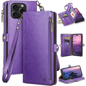 XcaseBar for iPhone 15 Pro 6.1" Wallet case with Zipper Credit Card Holder RFID Blocking,Flip Folio Book PU Leather Shockproof Strap Protective Cover Women Men for Apple 15Pro Phone case Purple