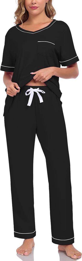 CF Women's 100% Cotton Pajama Sets Soft Short Sleeve Tops & Pants Comfy Sleepwear 2 Piece Lounge set with Pockets Loungewear (Medium, Black)