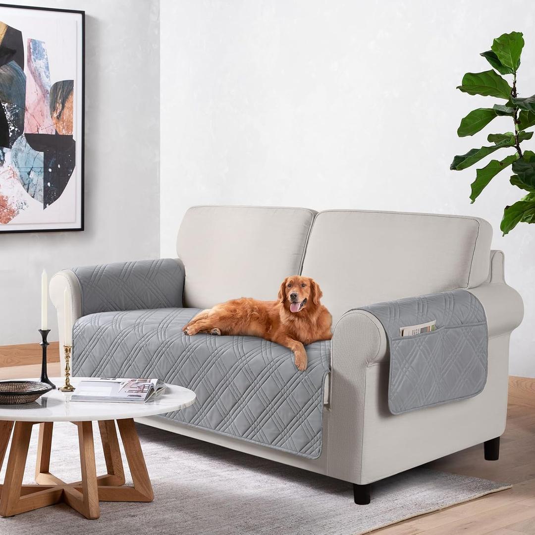 TAOCOCO Waterproof Loveseat Covers for Pets Dogs with Non Slip Backing, Sofa Seat Covers with Pocket for 2 Cushion Couch Washable Dog Couch Cover Protector Sofa Slipcovers(Loveseat Plus, Light Gray)