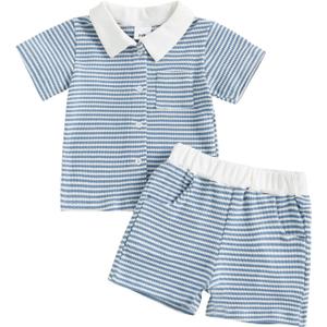 Baby Toddler Boy Clothes Striped Button Down Shirt Tops + Elastic Waist Shorts Infant Boys Summer Outfits 2PCS Sets (A Blue, 2-3T)