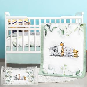 3 Pcs Baby Crib Bedding Set Safari Animals Dinosaurs Bear Woodland Animals Jungle Crib Set Includes Quilt, Fitted Sheet, Skirt for Baby Boy Girl(Light Blue,Safari)