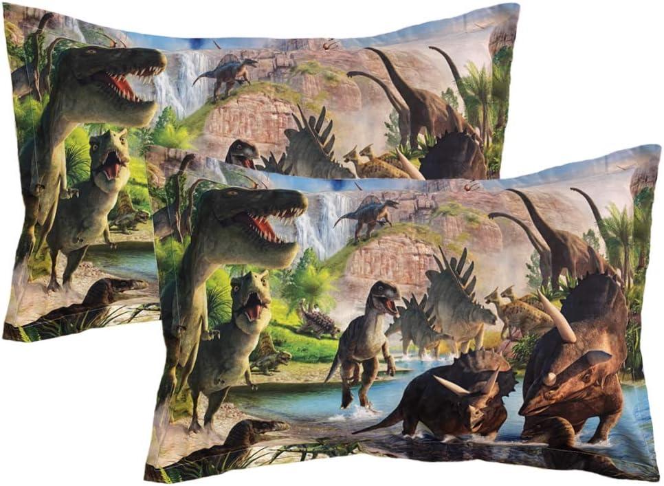 ADASMILE A & S 2 Pieces Kids Pillow Cases Dinosaur Pillowcases for Boys Teens Dino Printed Standard Pillow Shams with Envelope Closure, Soft & Breathable 20"x30" (Green)
