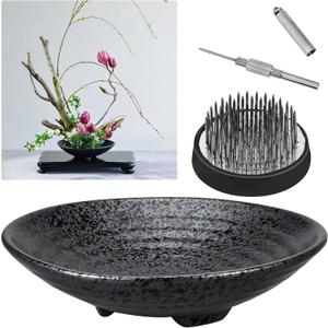 Japanese Ikebana Kit Floral Frog Flower Container with Kenzans Needle Straightening Tool - 1.8inch Black Flower Frog, 6.7inch Bowl Vase