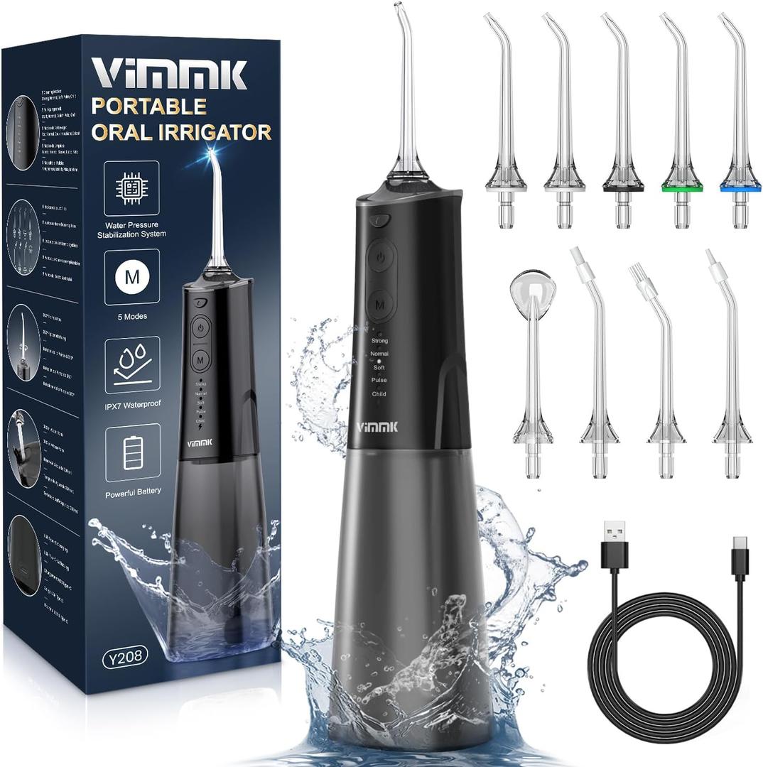 Water Flosser, Cordless Water Dental Flosser, 9 Jet Tips 5 Modes 300ML IPX7 Waterproof, Portable Rechargeable Oral Irrigator for Home Travel - Gums, Orthodontic, Braces Care - Black