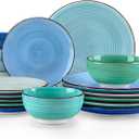Vancasso Bonita Plates and Bowls Sets 18 Pieces Blue Stoneware Service for 6, Modern Round Dinnerware Sets, Hand-Painted Spiral Dishes Set-Microwave and Dishwasher Safe (Blue,18 Pcs)
